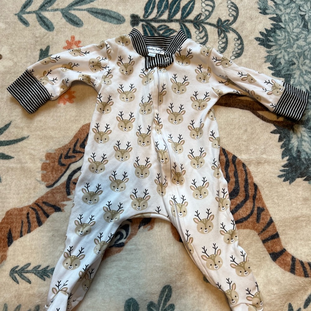 Magnolia Baby Cream and Black Footies One Piece with Reindeer/Deer Print